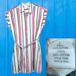 Harper Heritage Women Striped Dress Button Up Belted Collared Pink Short Sleeve